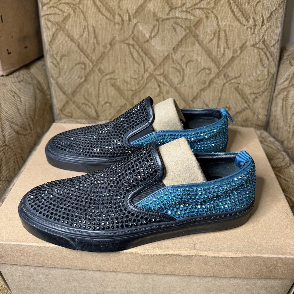 Gucci 368512 Crystal‎ Satin Slip-On Sneakers Black Teal Men's US 7 UK 6 G Fit